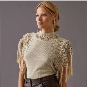 Anthropologie Elegant Cream Sweater w Fringe & Sparkle XS